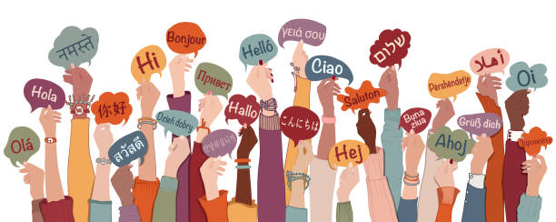 many arms raised of diverse and multi-ethnic people holding speech bubbles with text -hallo- in various international languages. diversity people.racial equality.sharing and collaboration - 语言 幅插畫檔、美工圖案、卡通及圖標